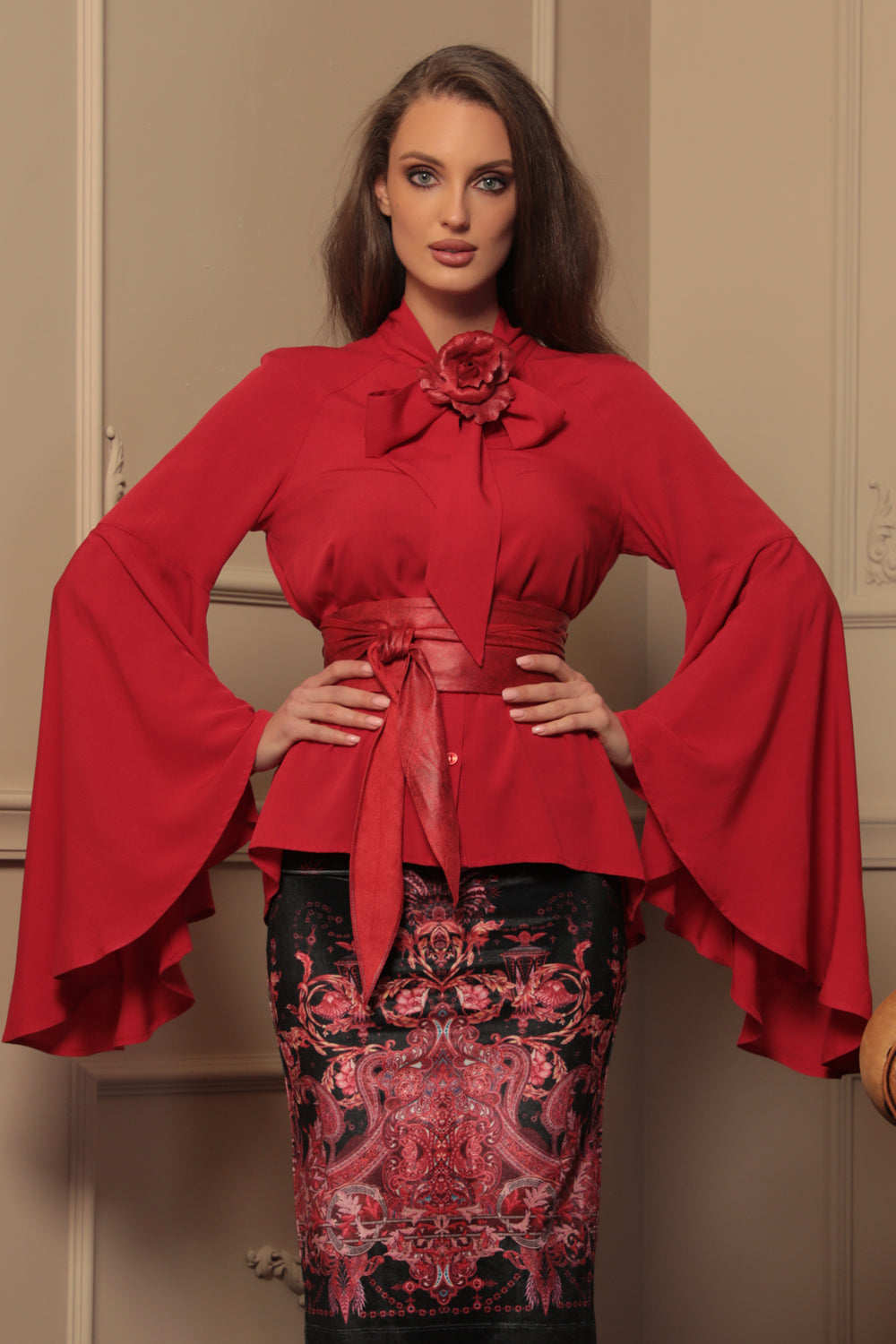 RED VISCOSE BLOUSE WITH FLARED SLEEVES - ESSENTIALS