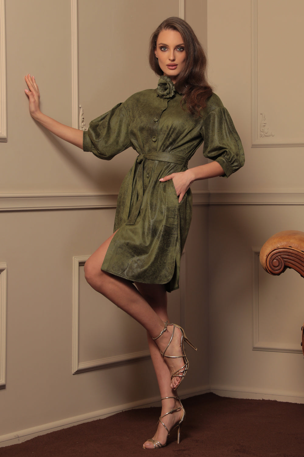 SUEDE-LOOK SHIRT DRESS IN OLIVE GREEN - ESSENTIALS - Fashion Roots