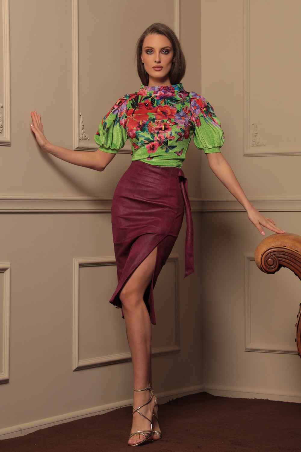 VELVET BLOUSE WITH HIGH NECK AND PUFF SLEEVES - ACID GREEN LOGO