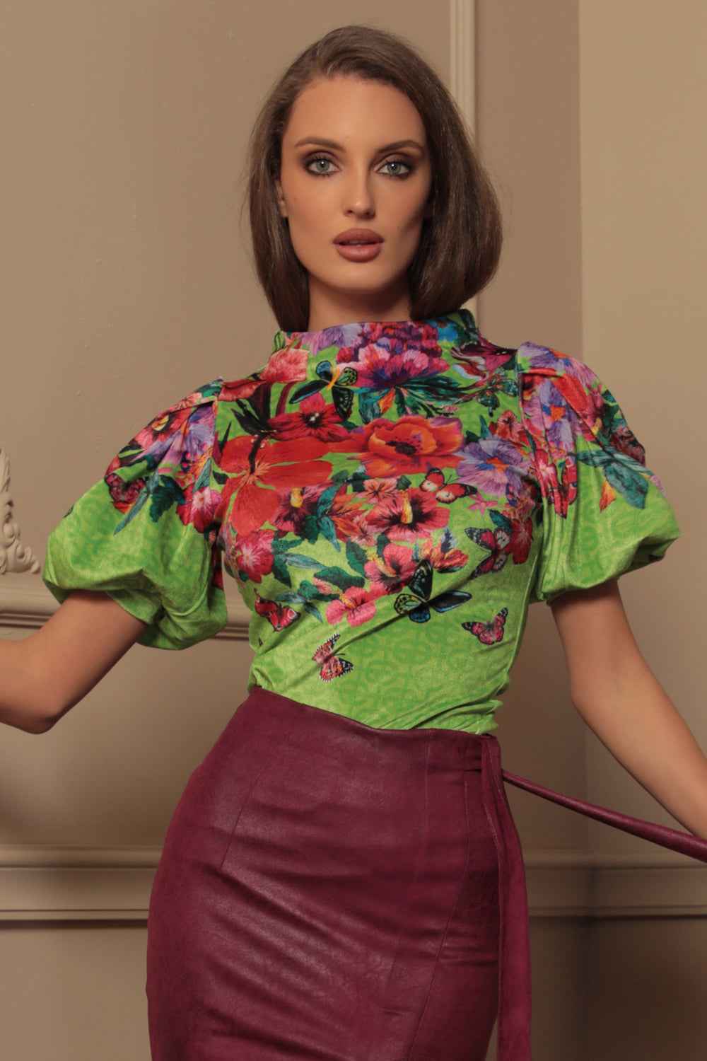 VELVET BLOUSE WITH HIGH NECK AND PUFF SLEEVES - ACID GREEN LOGO