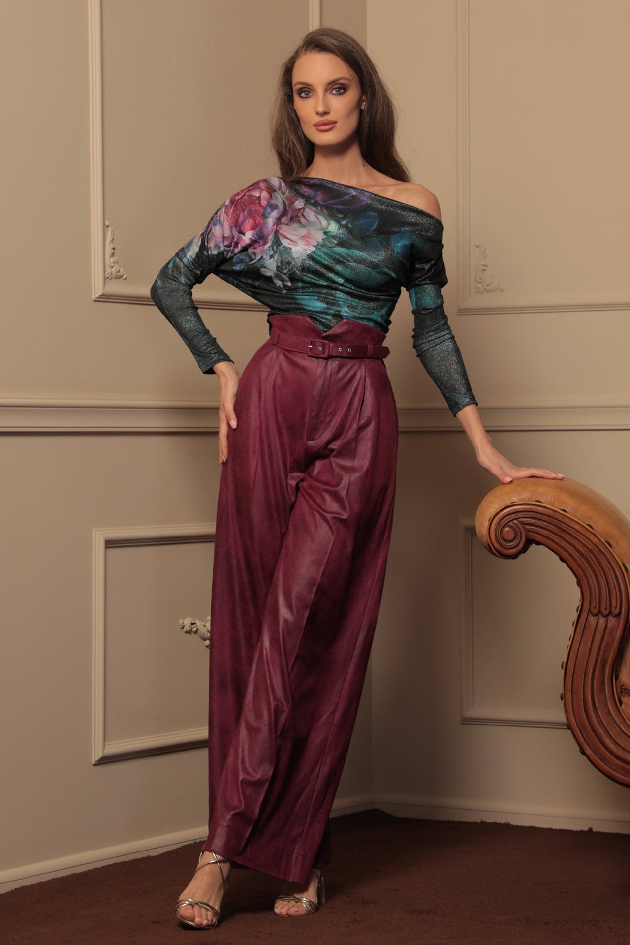 ONE-SHOULDER BLOUSE WITH LUREX - PEONIES