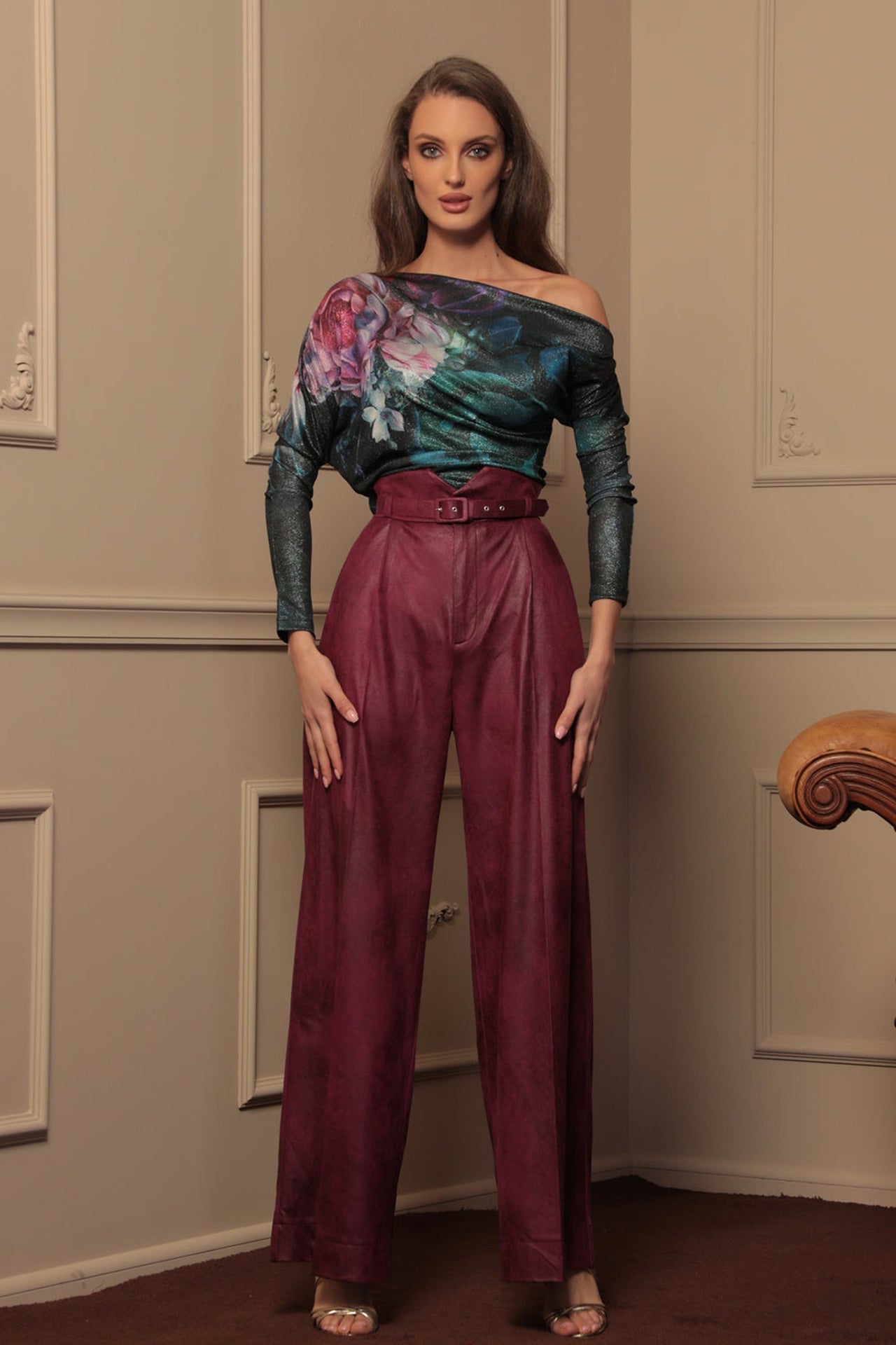 ONE-SHOULDER BLOUSE WITH LUREX - PEONIES