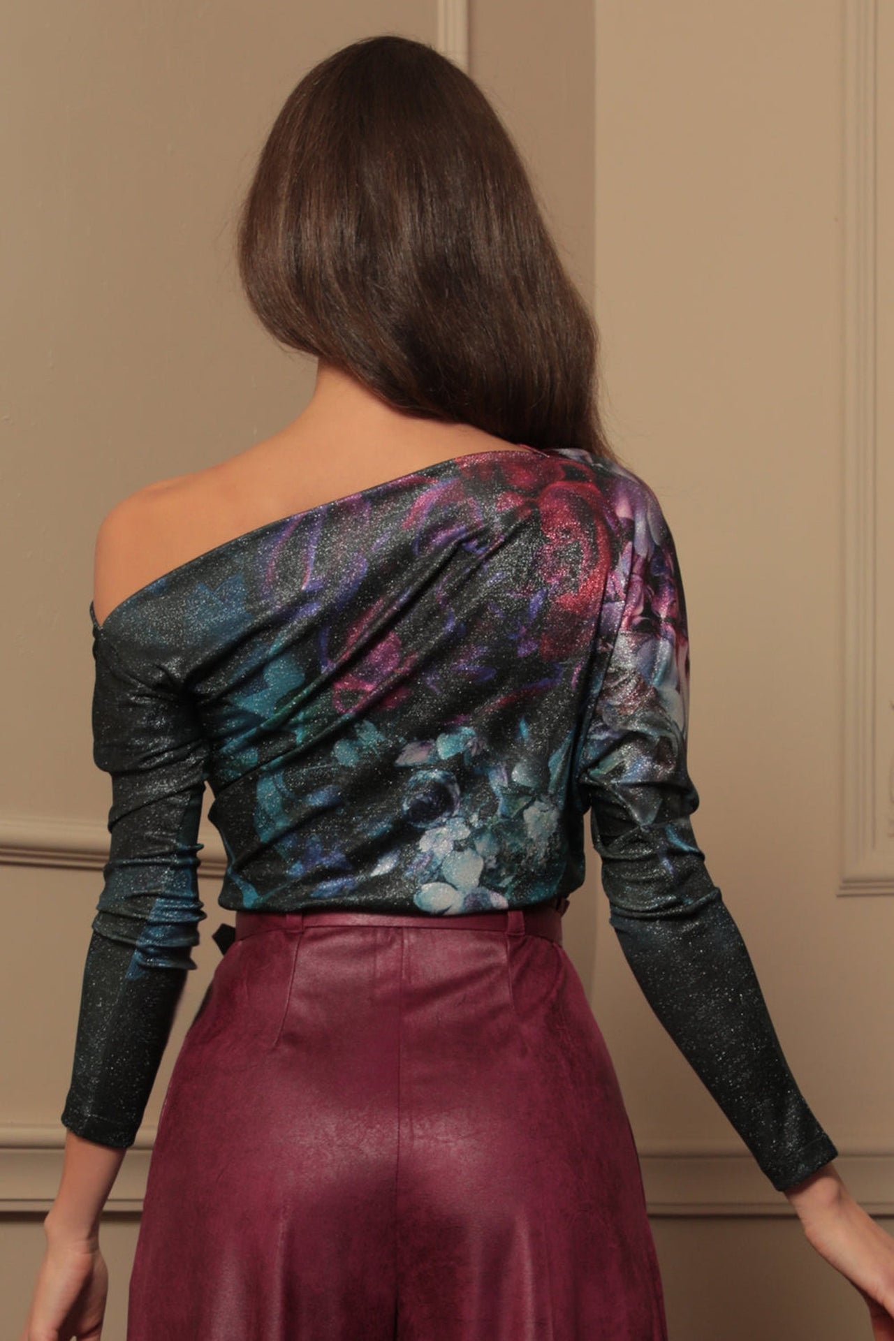 ONE-SHOULDER BLOUSE WITH LUREX - PEONIES