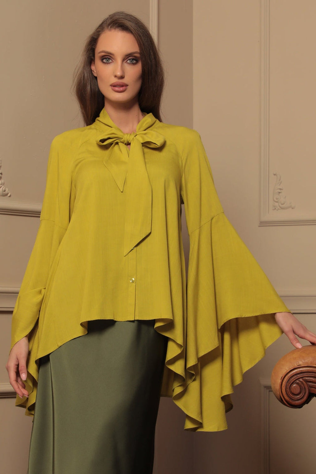 YELLOW ORCHE VISCOSE BLOUSE WITH FLARED SLEEVES - ESSENTIALS - Fashion Roots