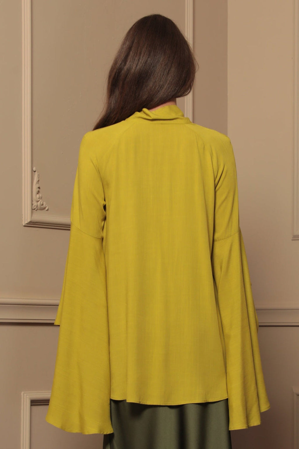 YELLOW ORCHE VISCOSE BLOUSE WITH FLARED SLEEVES - ESSENTIALS - Fashion Roots