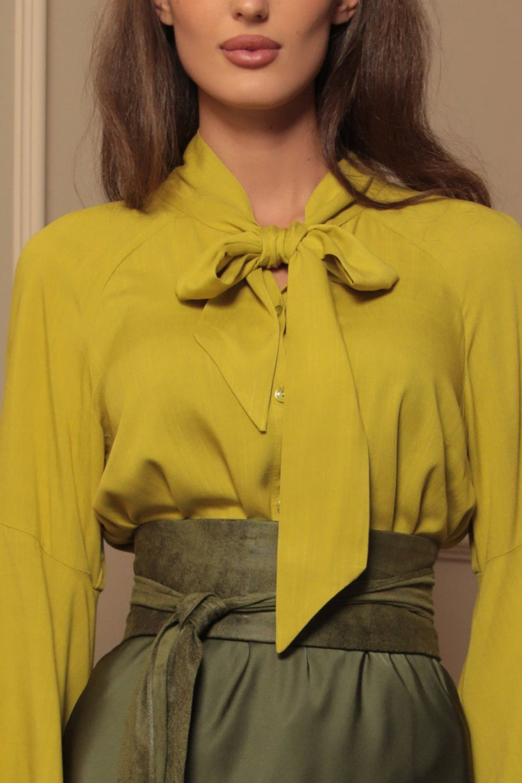 YELLOW ORCHE VISCOSE BLOUSE WITH FLARED SLEEVES - ESSENTIALS - Fashion Roots