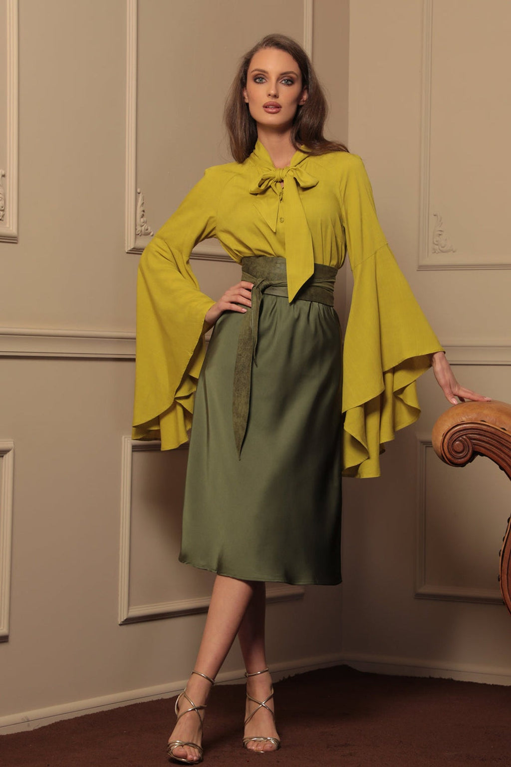 YELLOW ORCHE VISCOSE BLOUSE WITH FLARED SLEEVES - ESSENTIALS - Fashion Roots
