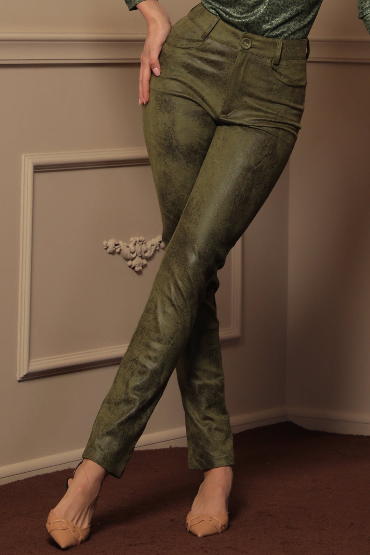 SKINNY 5-POCKET PANTS IN OLIVE GREEN - ESSENTIALS - Fashion Roots