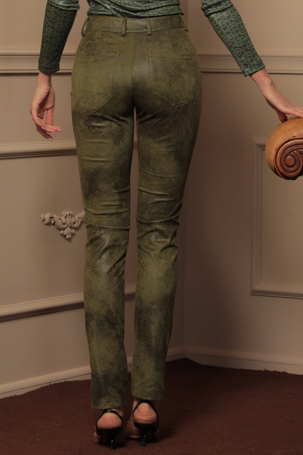 SKINNY 5-POCKET PANTS IN OLIVE GREEN - ESSENTIALS - Fashion Roots