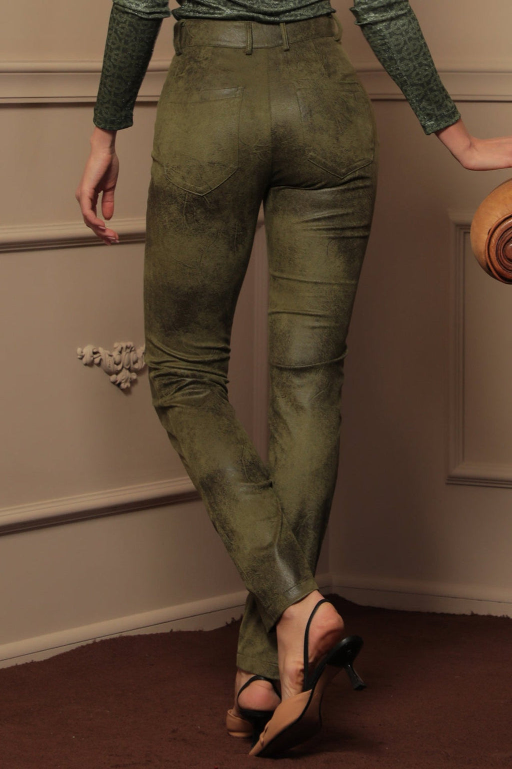 SKINNY 5-POCKET PANTS IN OLIVE GREEN - ESSENTIALS - Fashion Roots