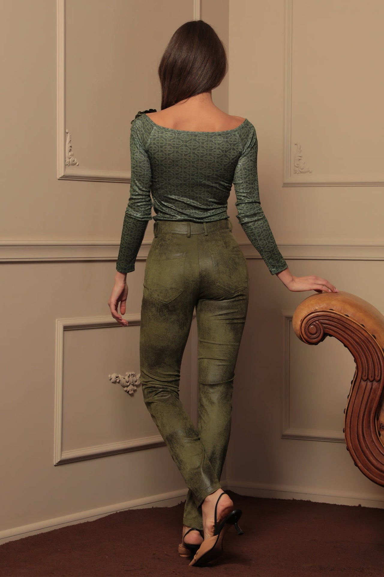 SKINNY 5-POCKET PANTS IN OLIVE GREEN - ESSENTIALS - Fashion Roots
