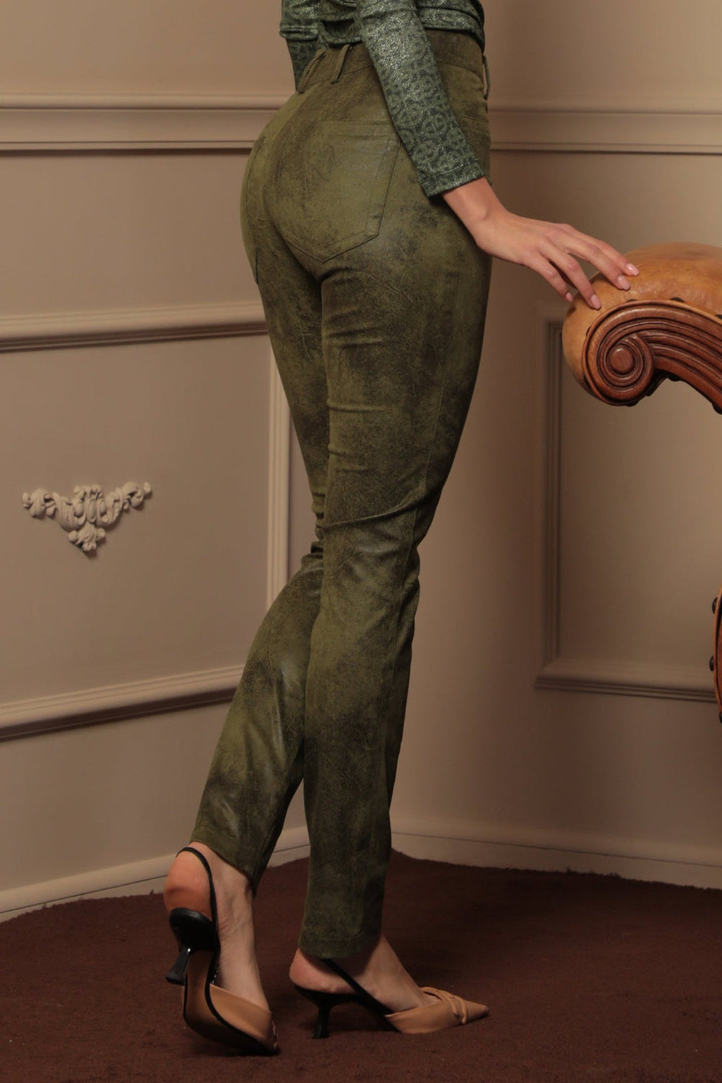 SKINNY 5-POCKET PANTS IN OLIVE GREEN - ESSENTIALS - Fashion Roots