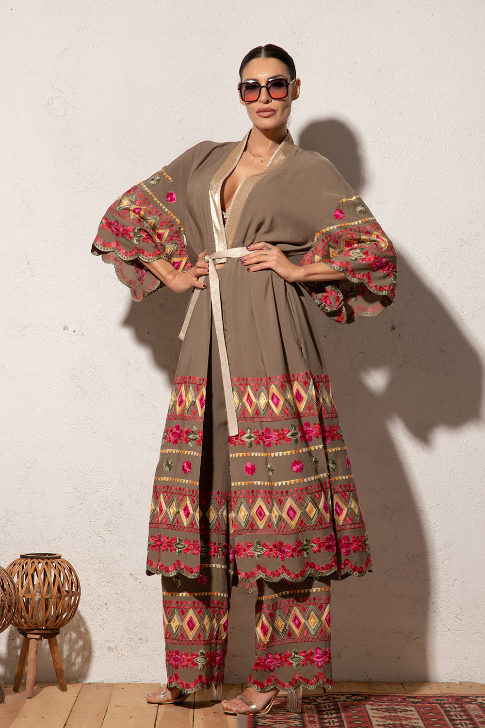 VISCOSE KIMONO IN KHAKI COLOR - ESSENTIALS