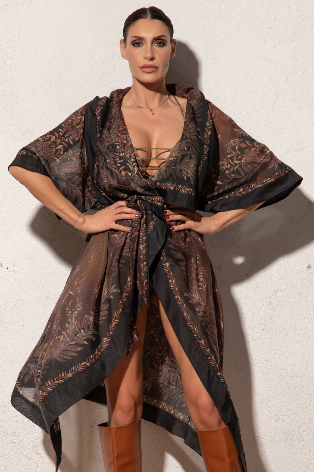 COTTON SILK KIMONO DRESS WITH HOOD - SECRET GARDEN