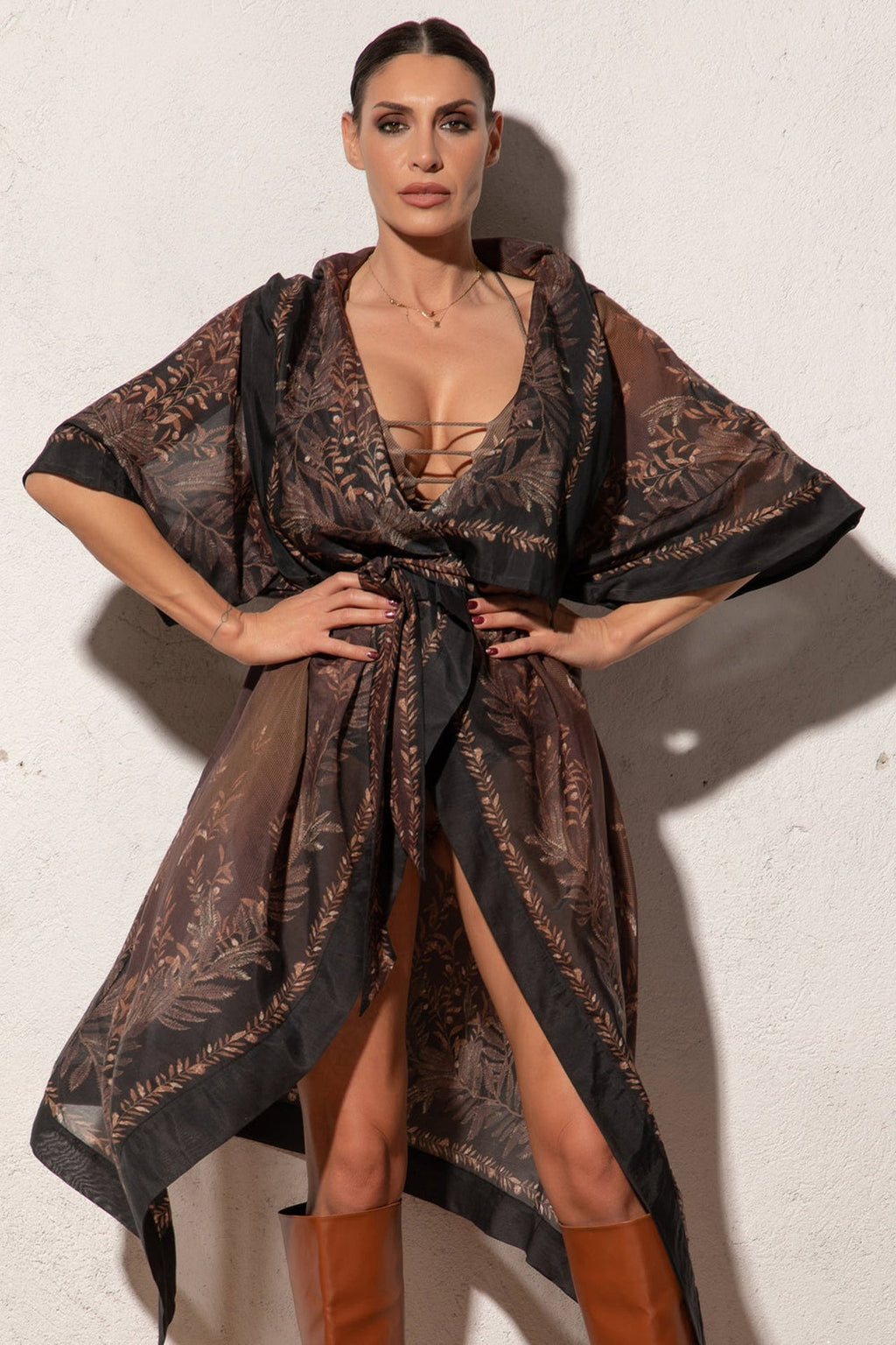 COTTON SILK KIMONO DRESS WITH HOOD - SECRET GARDEN - Fashion Roots