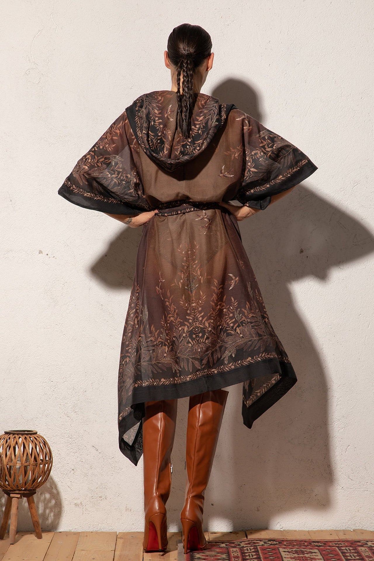COTTON SILK KIMONO DRESS WITH HOOD - SECRET GARDEN - Fashion Roots