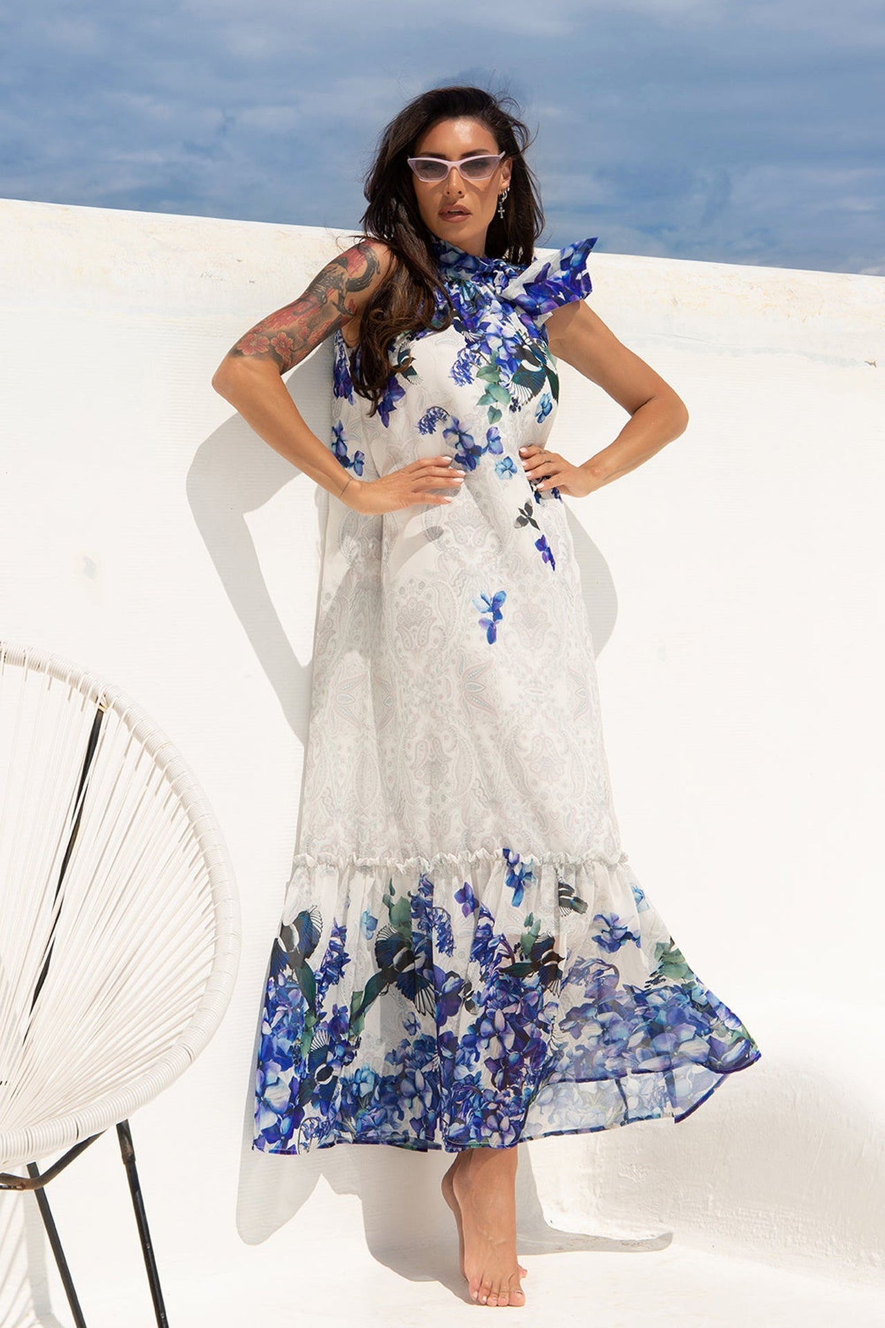 LONG CHIFFON DRESS - BLUE BIRDS