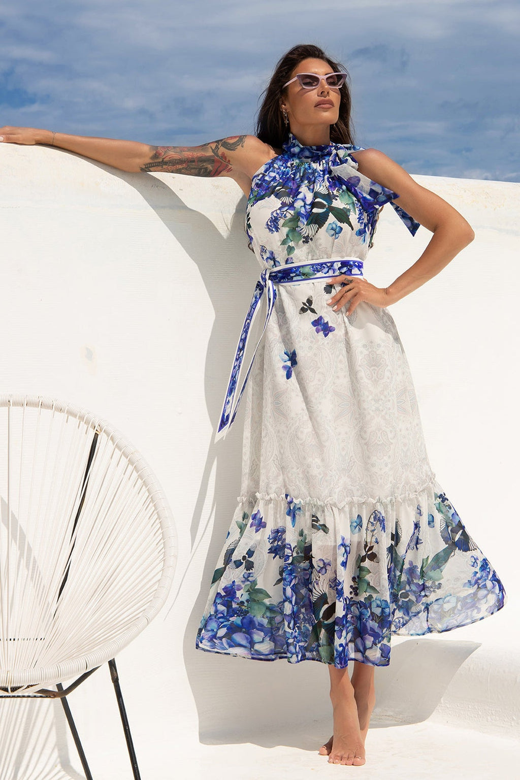 LONG CHIFFON DRESS - BLUE BIRDS