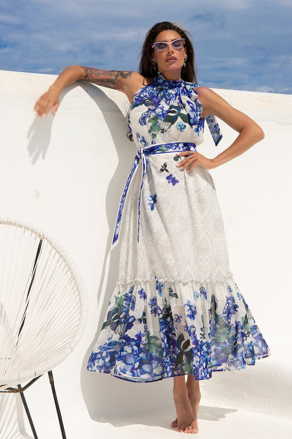 LONG CHIFFON DRESS - BLUE BIRDS