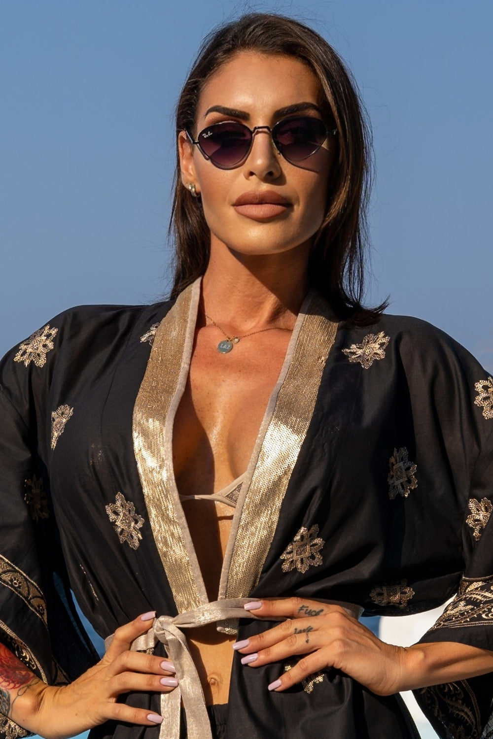 KIMONO WITH EMBROIDERY IN BLACK COTTON - ESSENTIALS - Fashion Roots