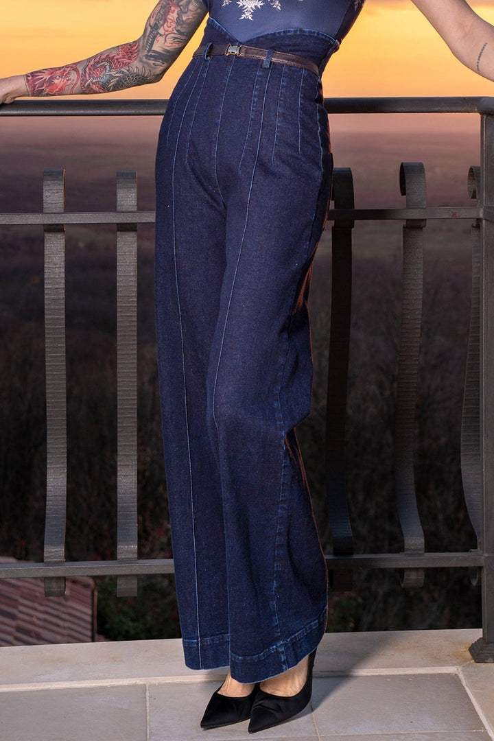 HIGH WAIST WIDE LEG DARK DENIM PANTS - ESSENTIALS