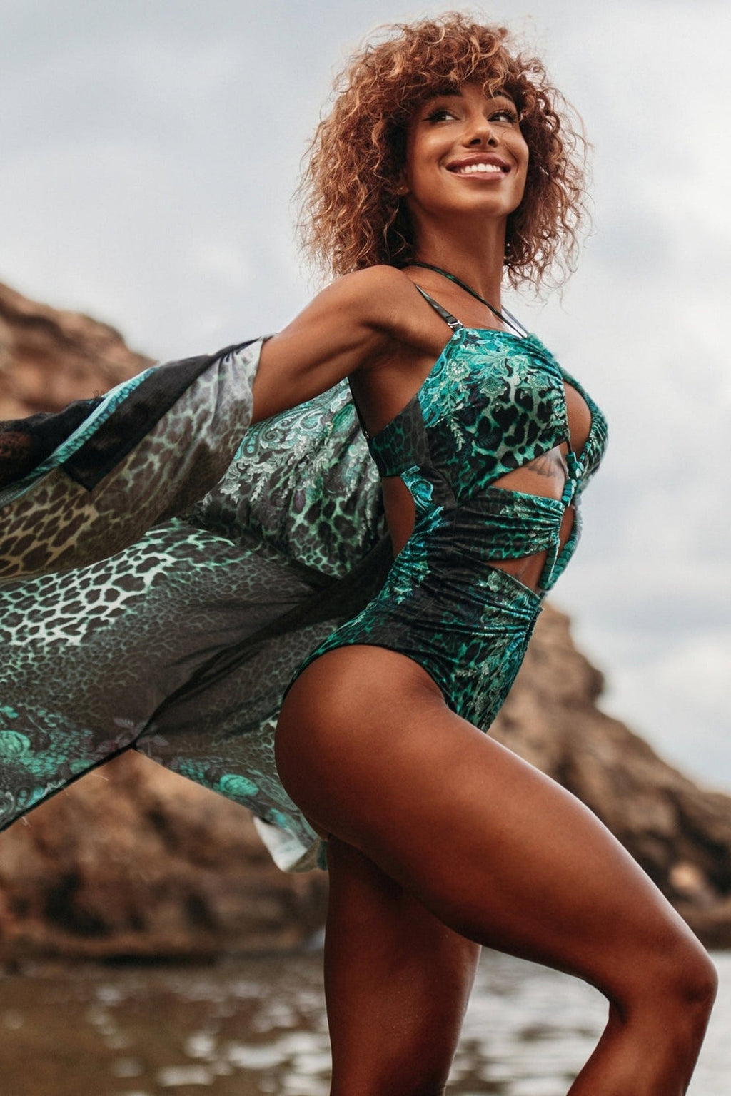 KIMONO EN VISCOSE - LEO VERT FLUO