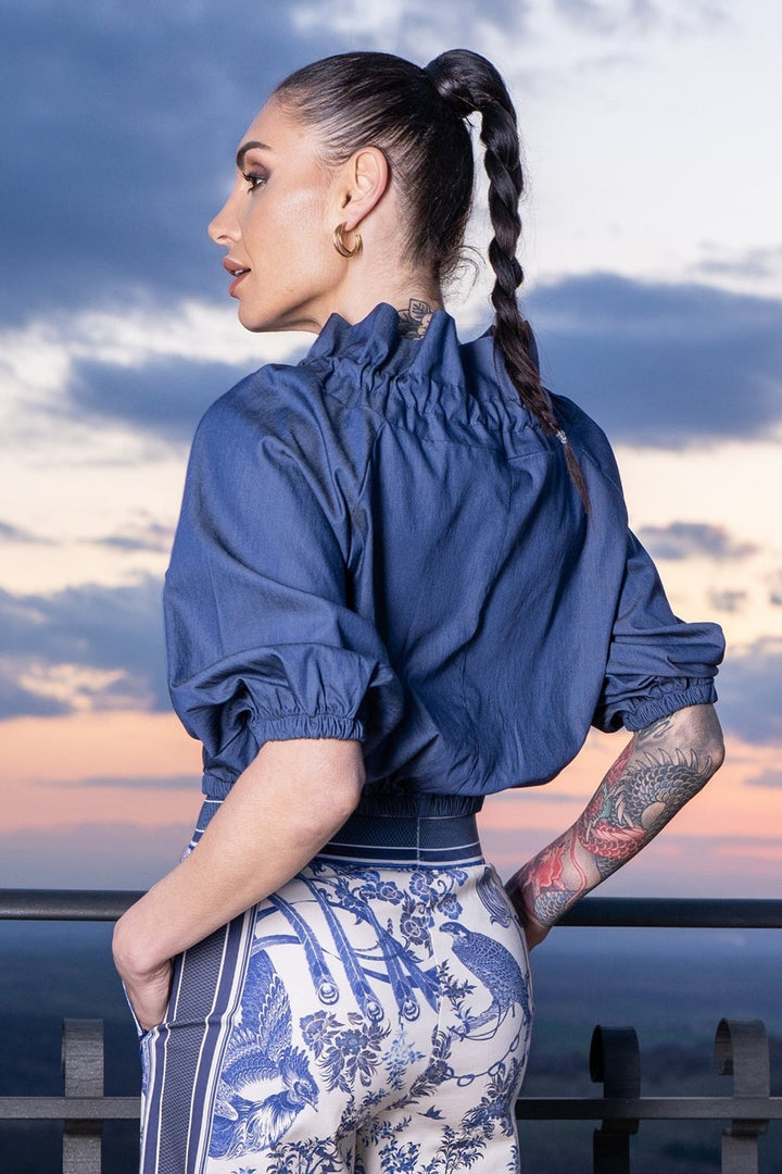 RUFFLED HIGH-NECK BLOUSE WITH PUFF SLEEVES - ASIA SKY - Fashion Roots