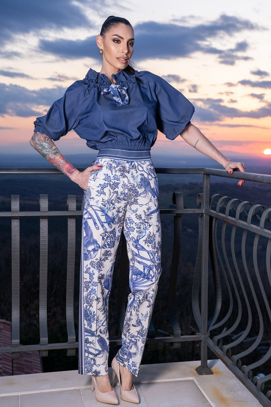 RUFFLED HIGH-NECK BLOUSE WITH PUFF SLEEVES - ASIA SKY - Fashion Roots