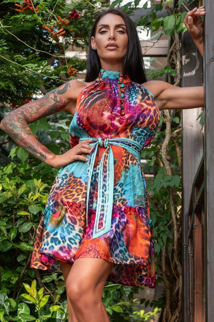 FLARED VISCOSE DRESS - LEO NEON WILD JIORO РАЗКРОЕНА РОКЛЯ ОТ ВИСКОЗА - LEO NEON WILD JIORO