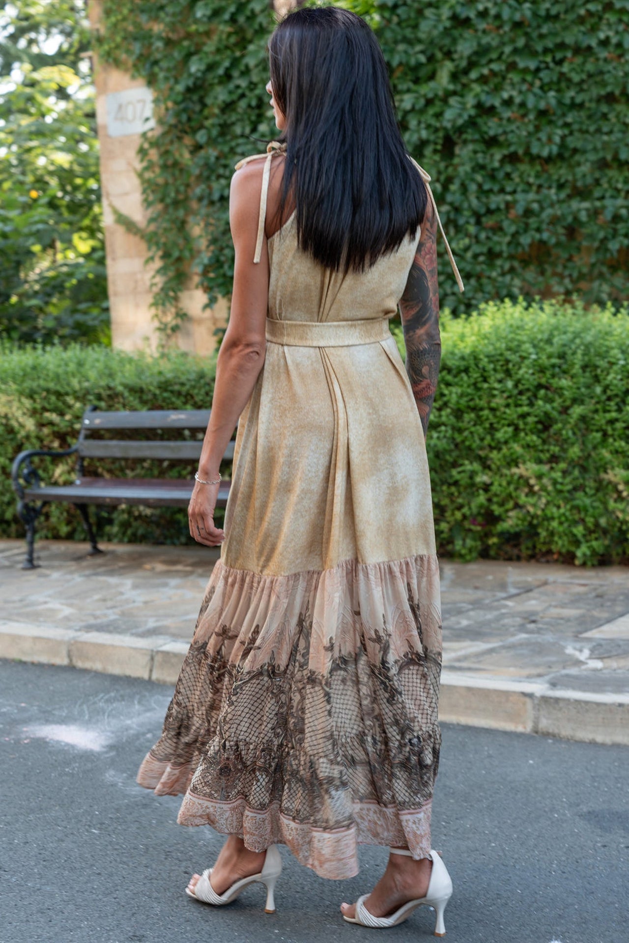 LONG COTTON DRESS WITH CHIFFON RUFFLES - BAROQUE FLOWERS