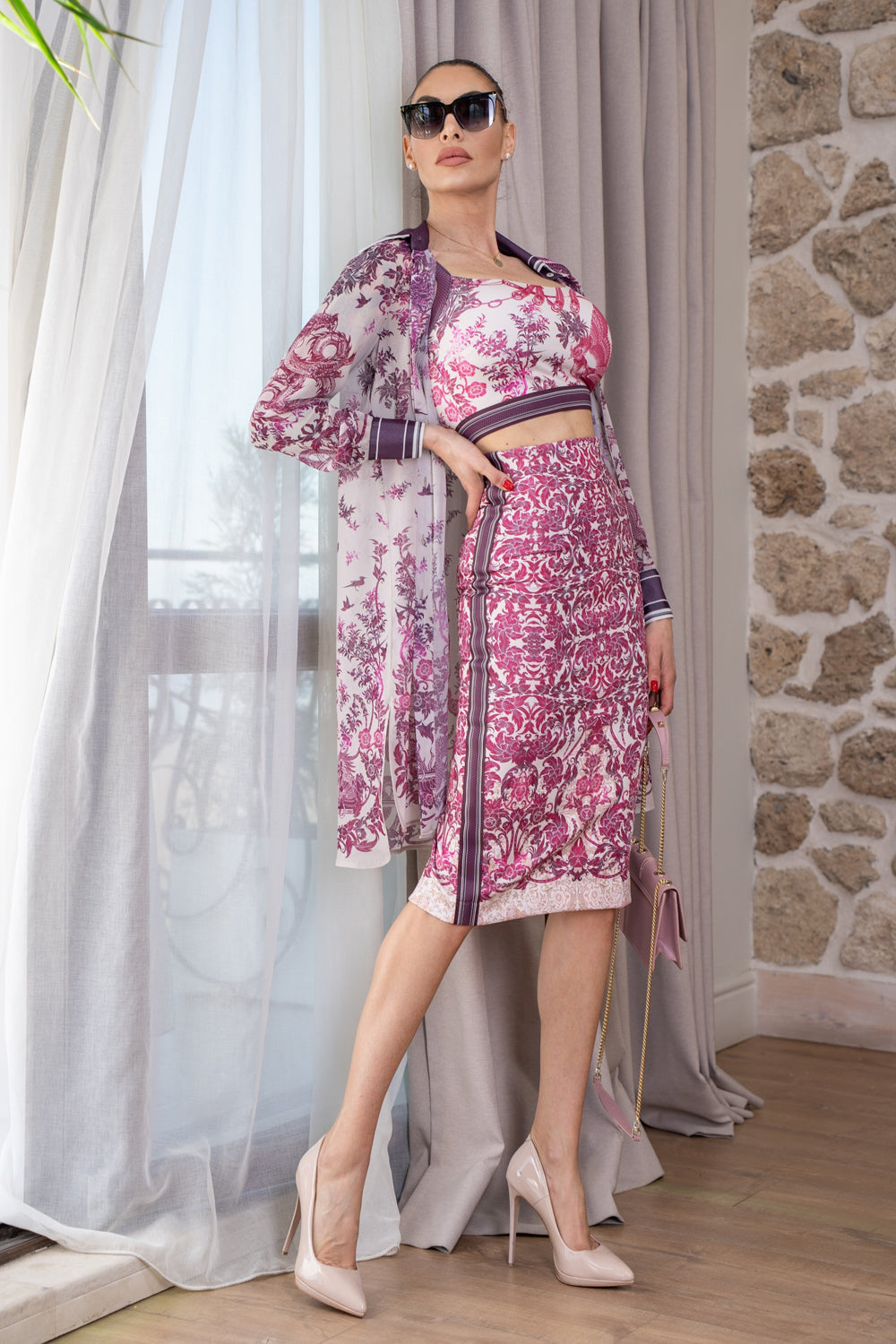 KNEE-LENGTH SKIRT WITH DECORATIVE TRIM - ASIA BORDEAUX
