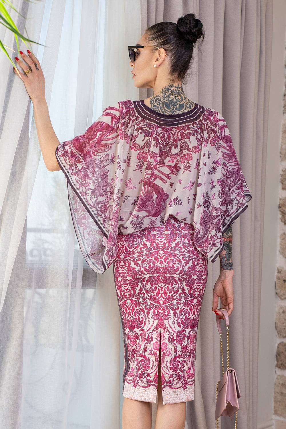 KNEE-LENGTH SKIRT WITH DECORATIVE TRIM - ASIA BORDEAUX