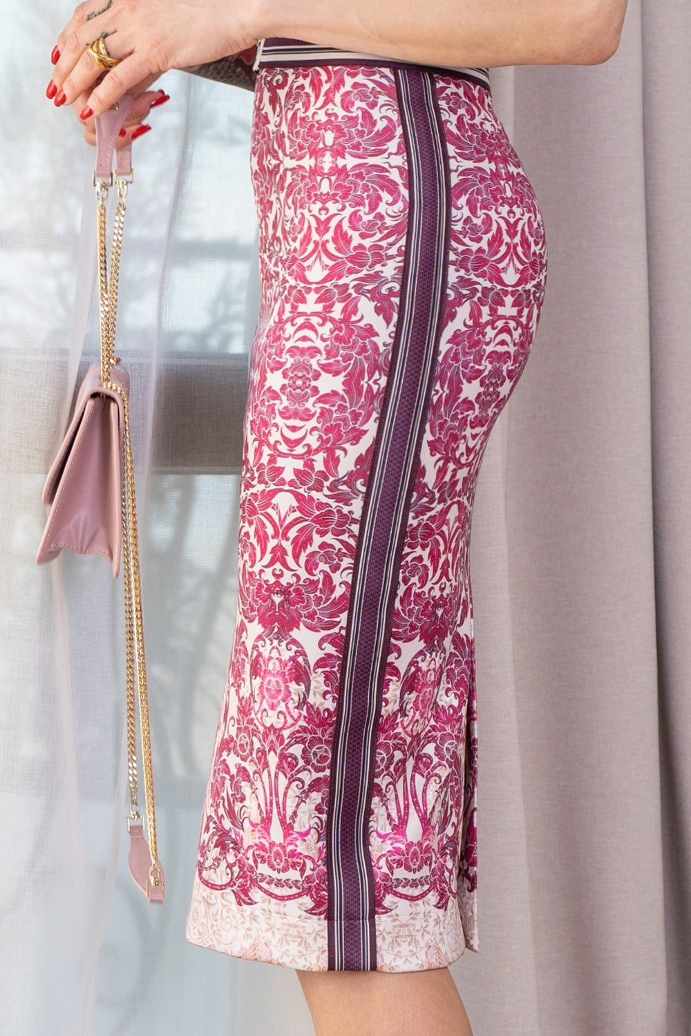 KNEE-LENGTH SKIRT WITH DECORATIVE TRIM - ASIA BORDEAUX