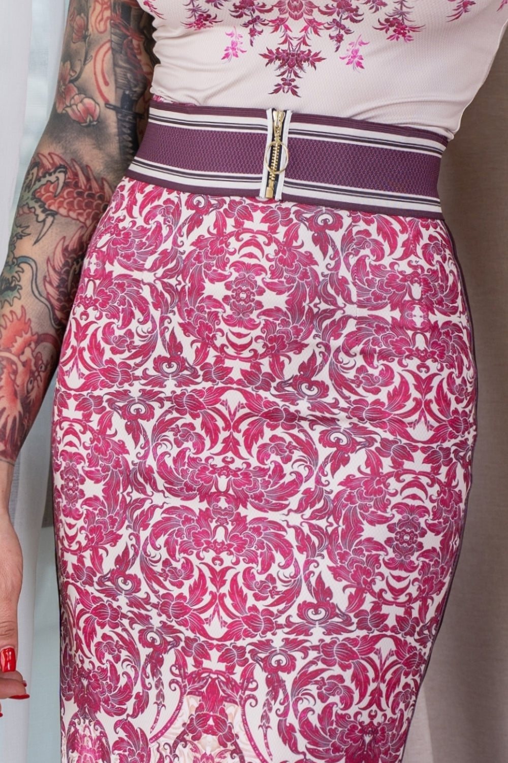 KNEE-LENGTH SKIRT WITH DECORATIVE TRIM - ASIA BORDEAUX