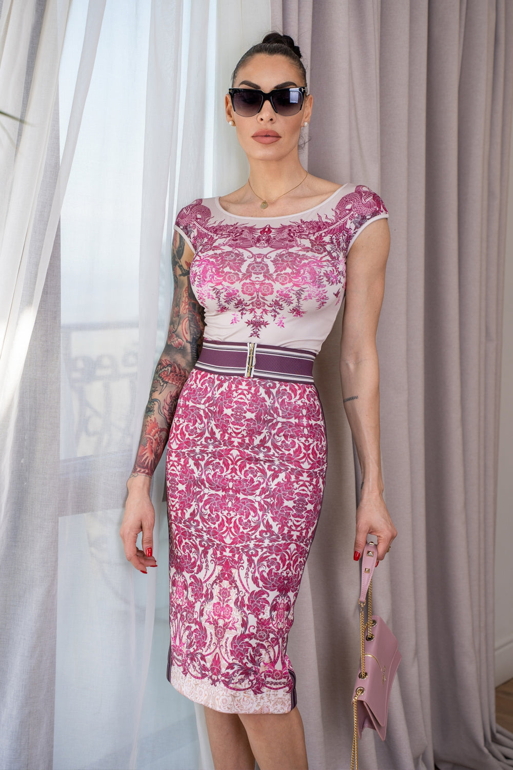 KNEE-LENGTH SKIRT WITH DECORATIVE TRIM - ASIA BORDEAUX