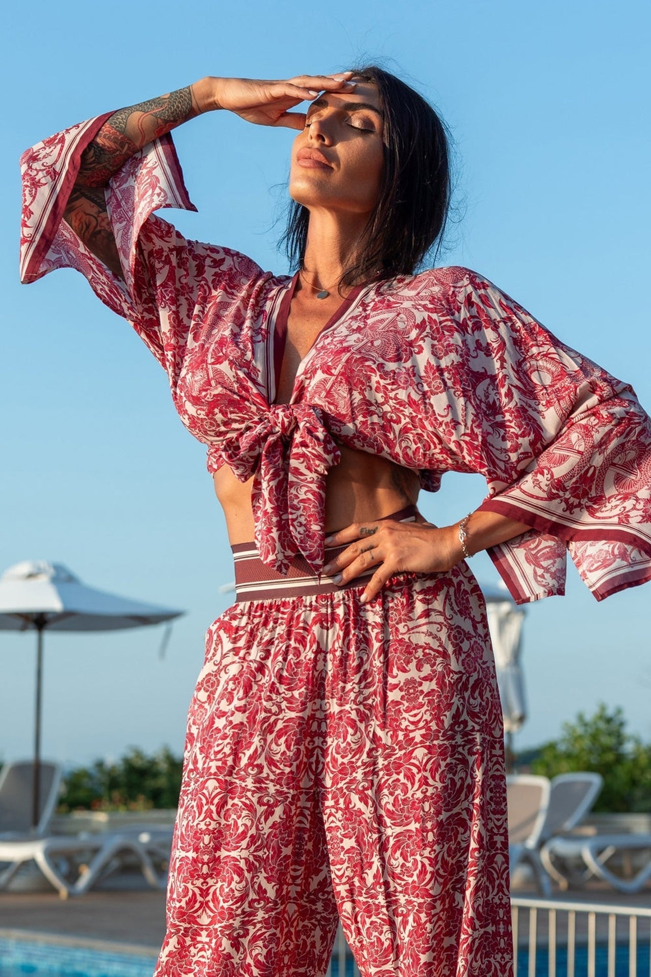 VISCOSE CROP KIMONO - ASIA BORDEAUX - Fashion Roots