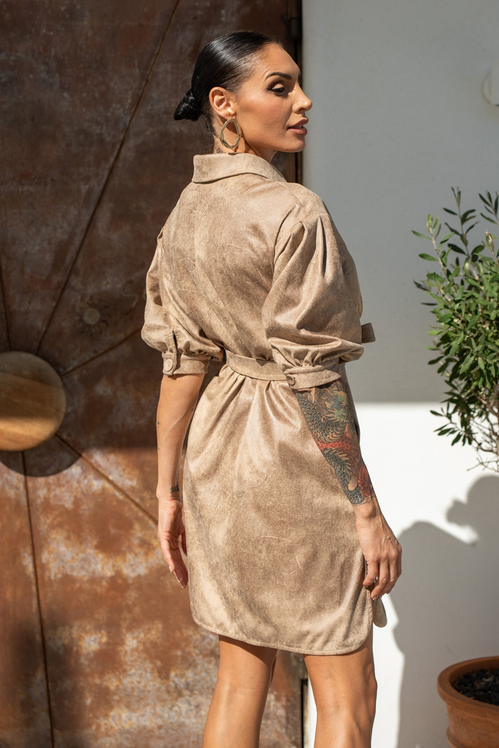 SUEDE-LOOK SHIRT DRESS IN CAPPUCINO - ESSENTIALS - Fashion Roots