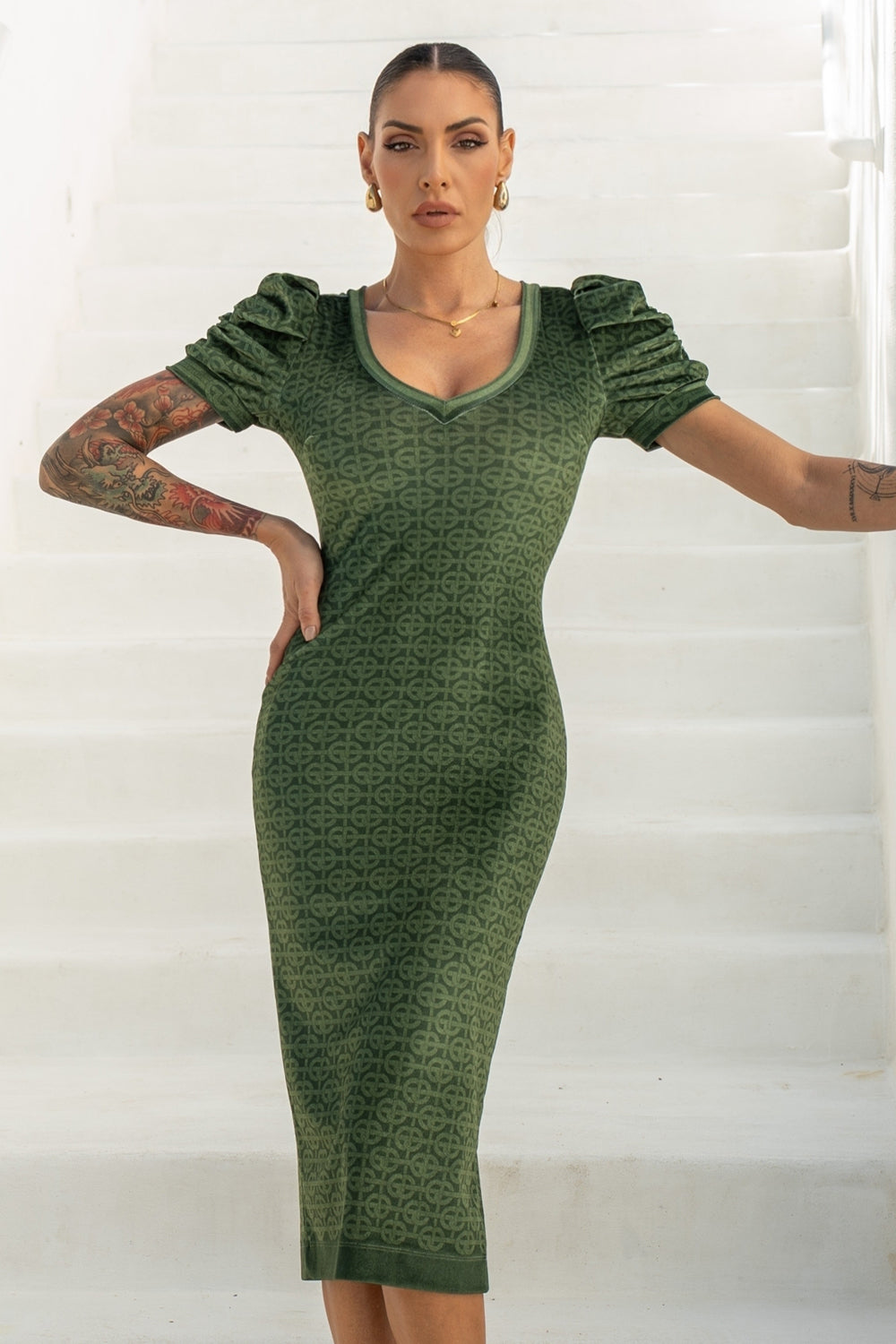 ROBE EN VELOURS À MANCHES BOUFFANTES - LOGO VERT ÉMERAUDE