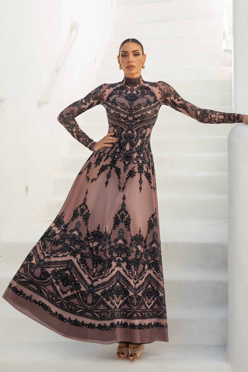 LONG FINE NET DRESS - GRAFFITI POWDER JIORO ДЪЛГА РОКЛЯ ОТ ФИНА МРЕЖА - GRAFFITI POWDER JIORO