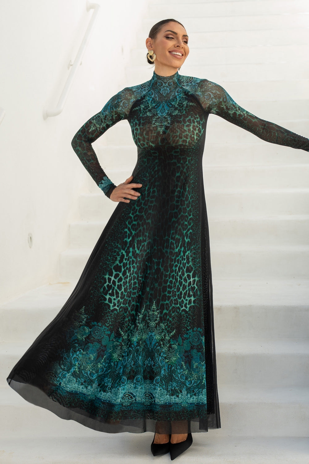 ROBE LONGUE EN RÉSILLE FIN - LEO VERT FLUO