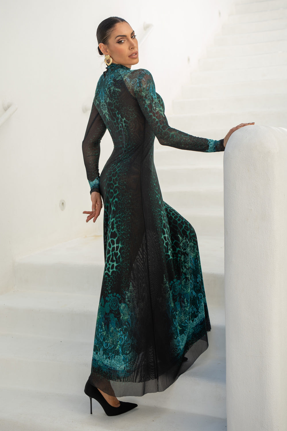 ROBE LONGUE EN RÉSILLE FIN - LEO VERT FLUO