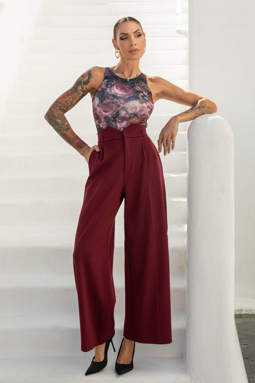 PANTALON TAILLE HAUTE EN MÉLANGE DE VISCOSE BORDEAUX – ESSENTIALS