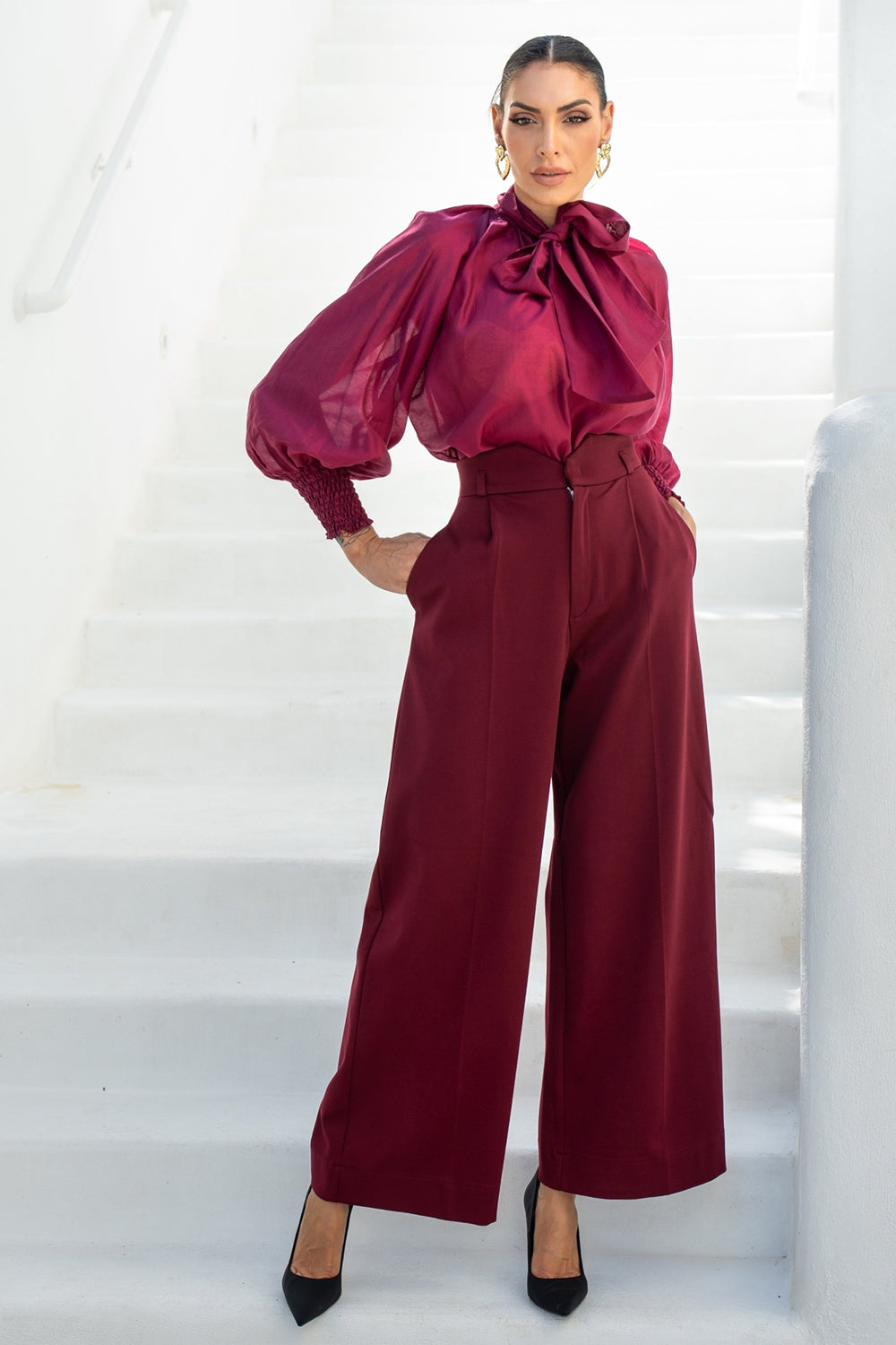 PANTALON TAILLE HAUTE EN MÉLANGE DE VISCOSE BORDEAUX – ESSENTIALS