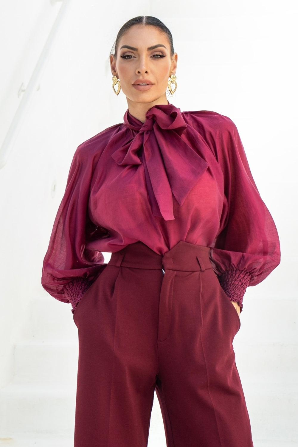 VISCOSE BLEND HIGH-WAISTED BURGUNDY TROUSERS - ESSENTIALS