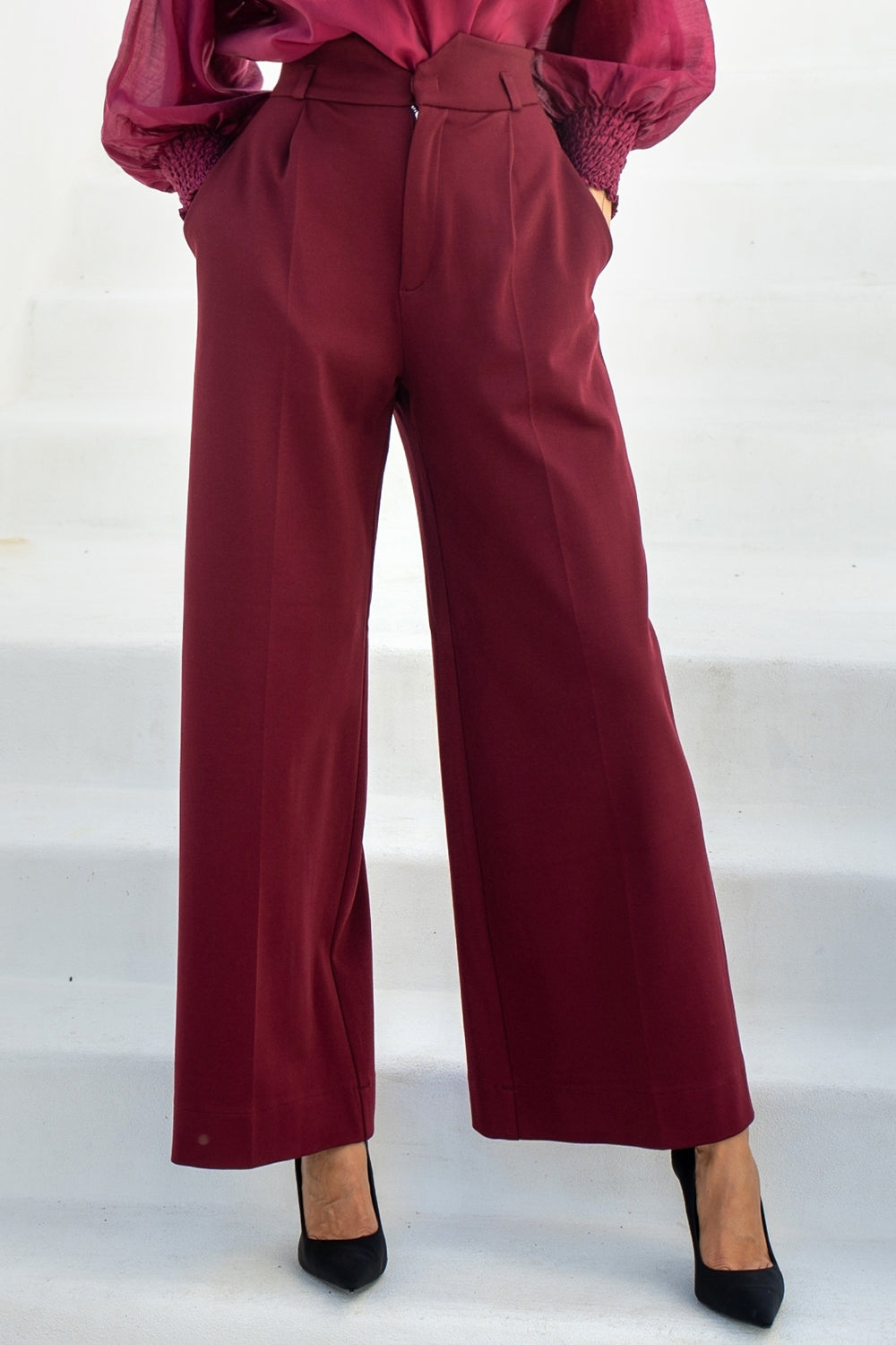 VISCOSE BLEND HIGH-WAISTED BURGUNDY TROUSERS - ESSENTIALS