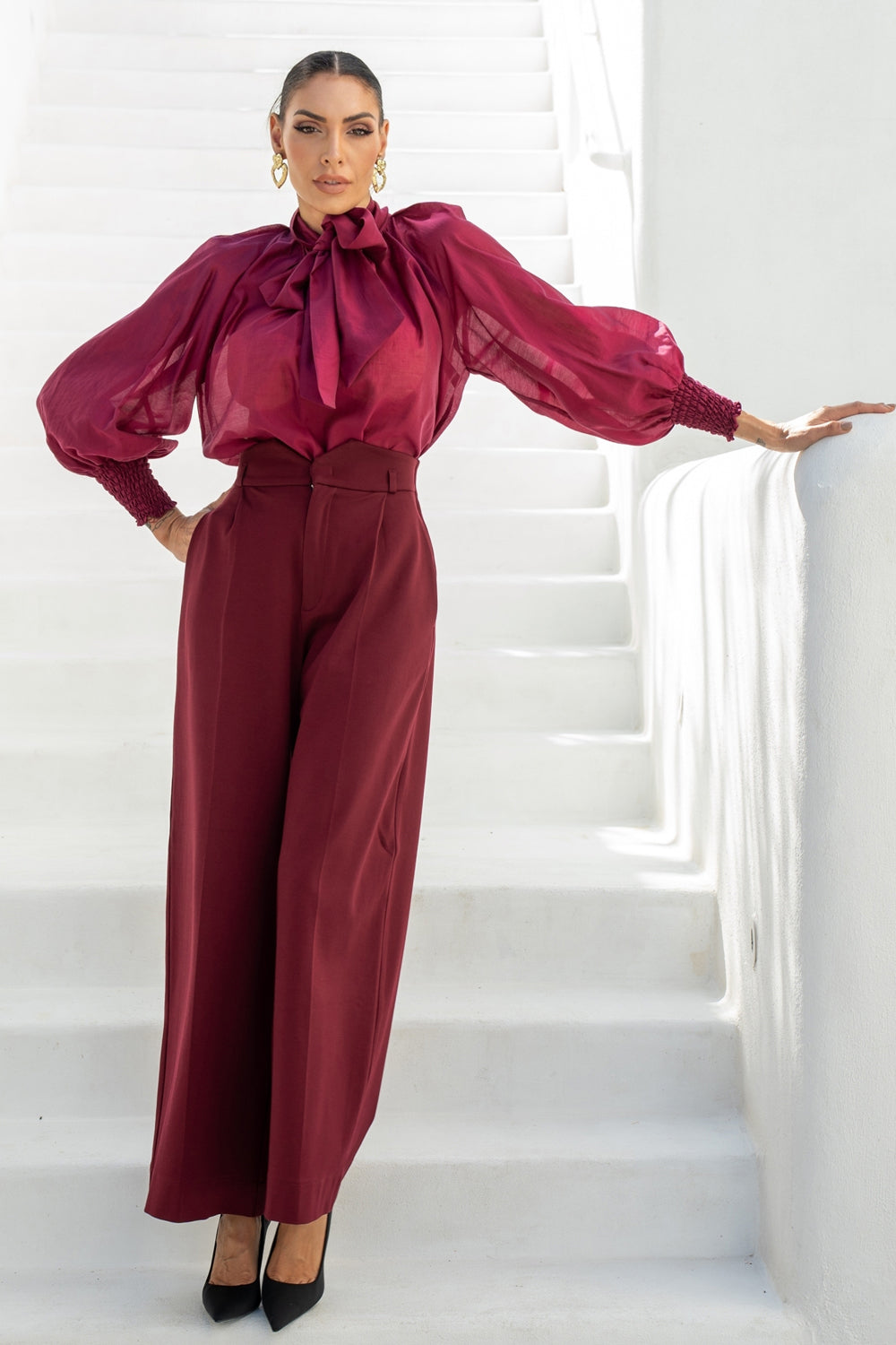 BOHEMIAN BURGUNDY BLOUSE WITH PUFF SLEEVES AND TIE-FRONT COLLAR - ESSENTIALS