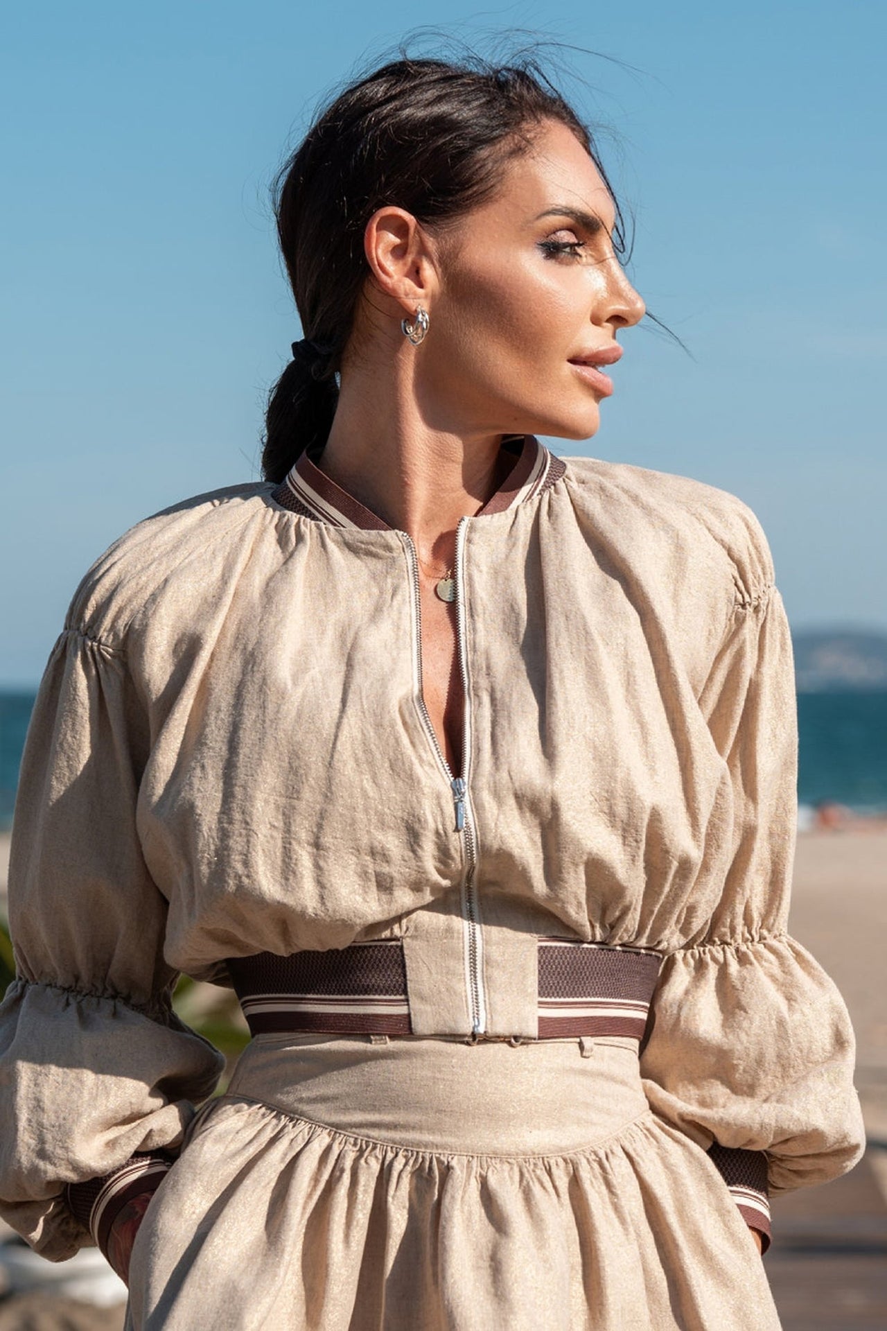 LINEN BOMBER JACKET - ESSENTIALS - Fashion Roots