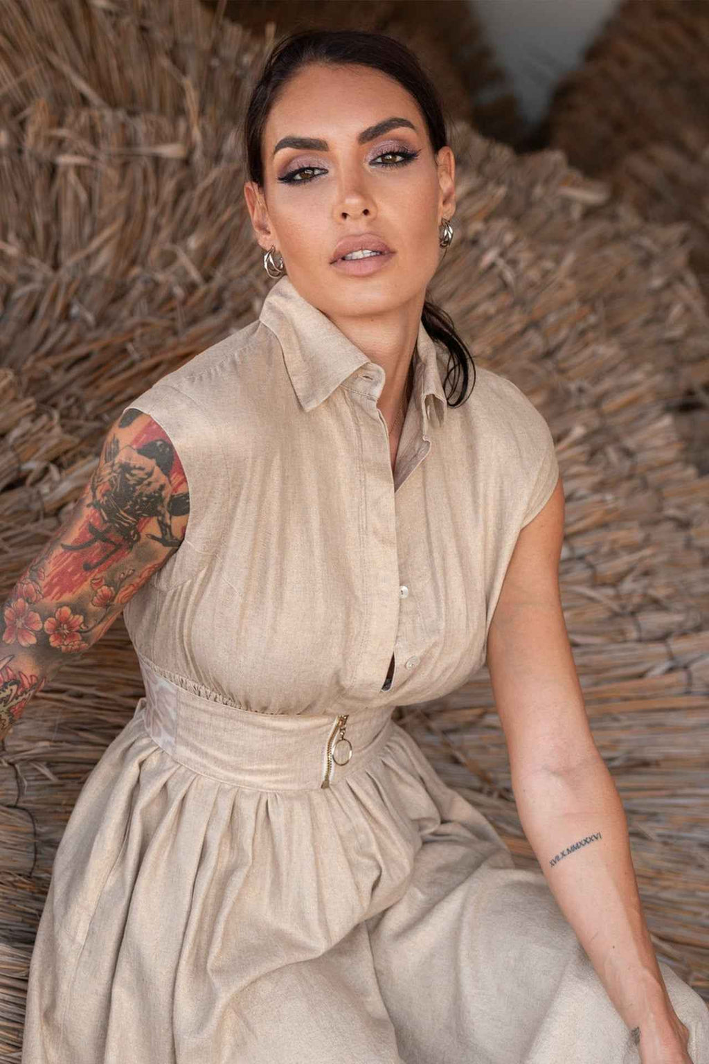 LONG LINEN DRESS WITH DETACHABLE BELT - ESSENTIALS