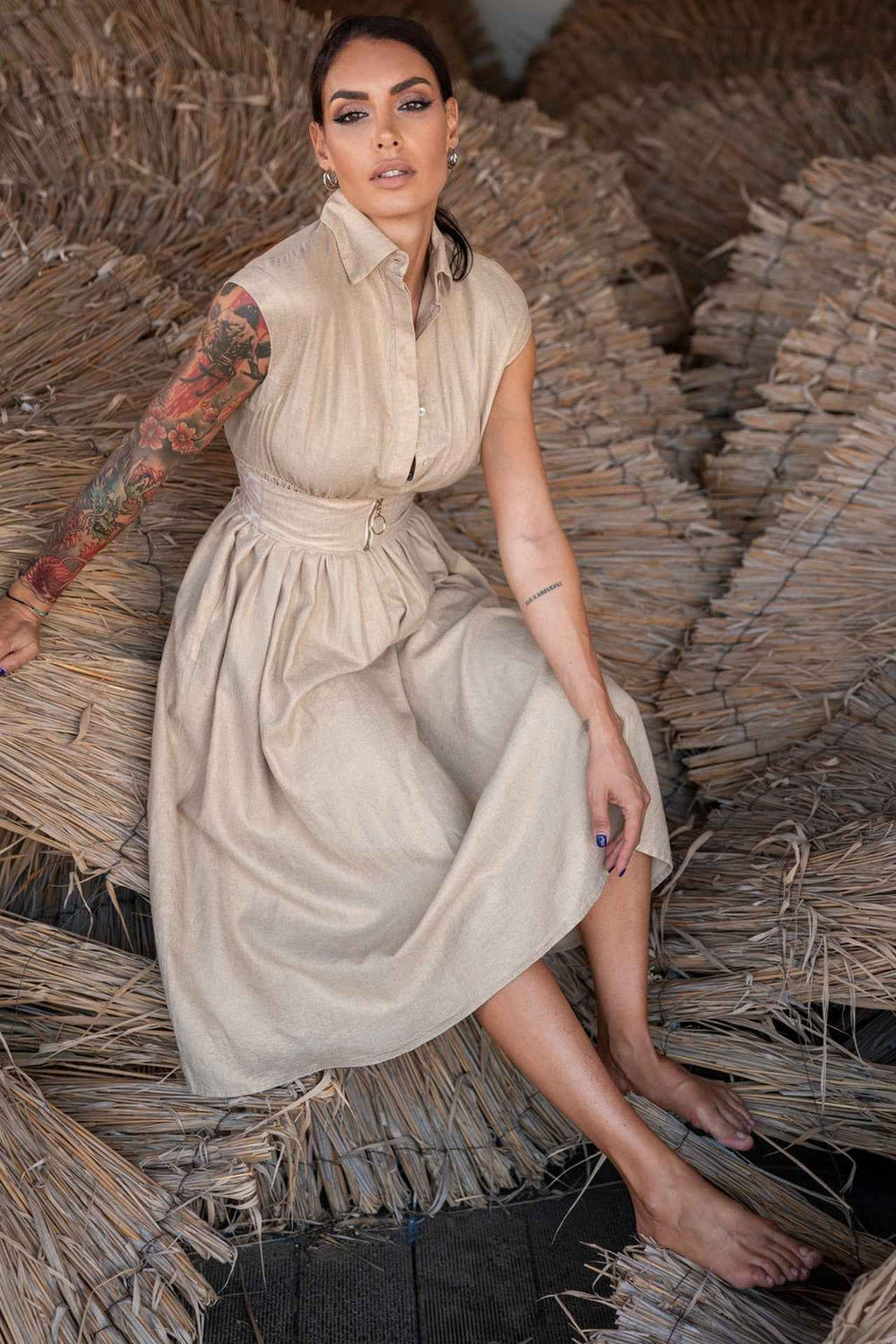 LONG LINEN DRESS WITH DETACHABLE BELT - ESSENTIALS