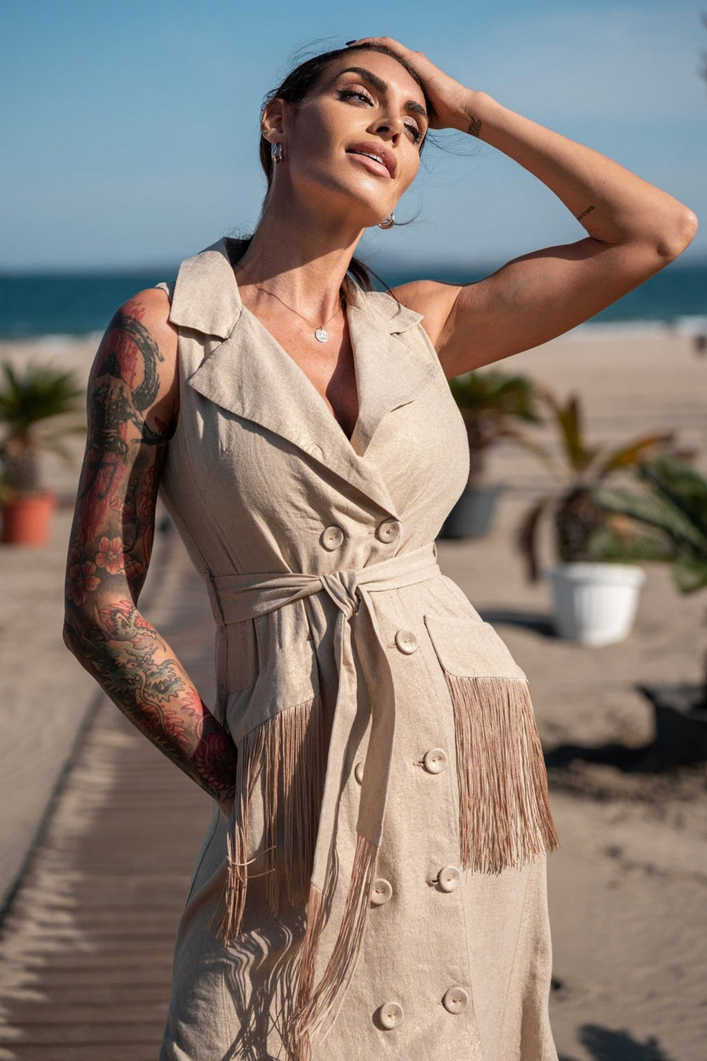 LINEN SLEEVELESS TRENCH MIDI DRESS WITH FRINGES - ESSENTIALS - Fashion Roots